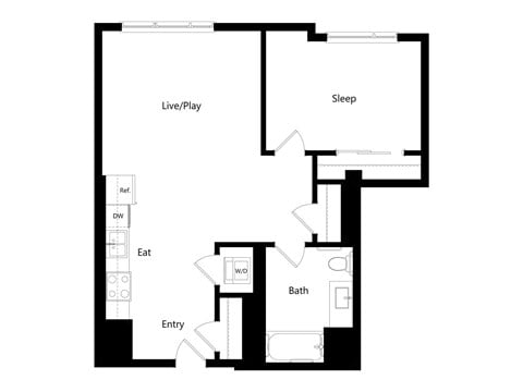 A floor plan of a house with a Live/Play area, Sleep area, Bathroom, and an Entry point.